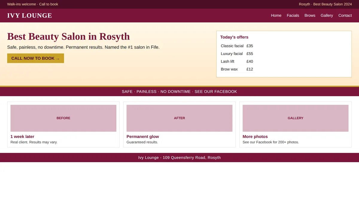 A dated salon homepage: no prices on the page, no online booking, placeholder images and a phone number to call.